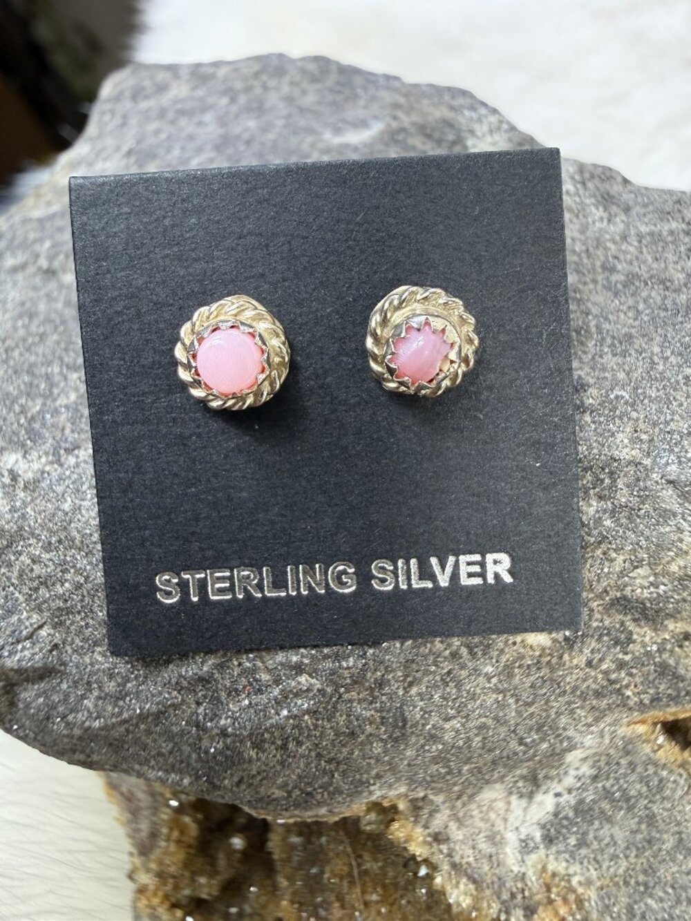 Esther White Sterling Silver Navajo Pink Conch Stud Earrings .25" X .25"